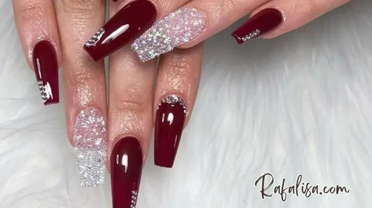 Burgundy Red Nails Adorned in Sparkling Splendor